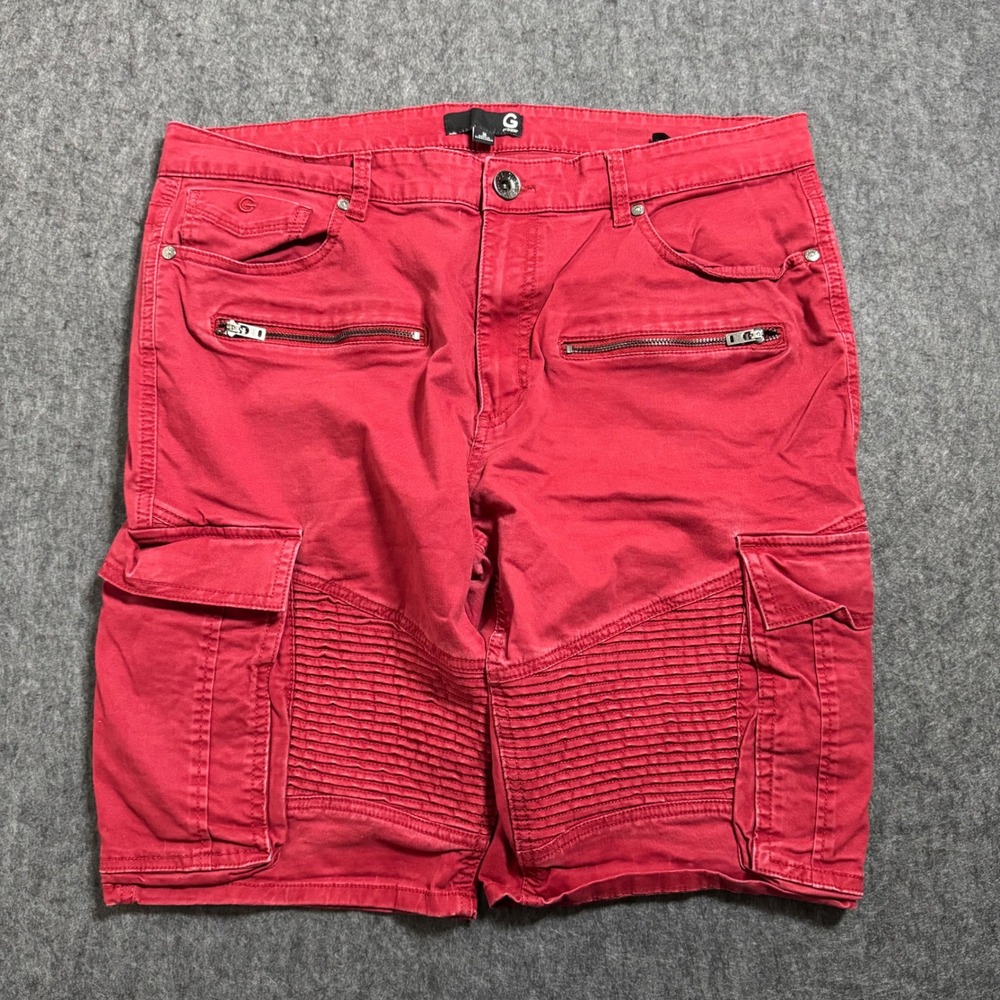 VTG Y2K G by Guess Mens Red Biker Moto Cargo Shorts Size 36 Ribbed Zipper Detail